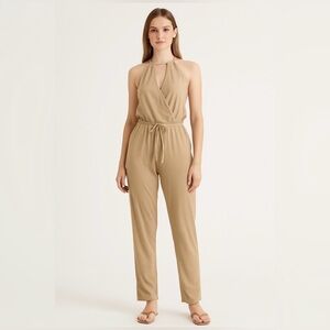 Mocking Jay Halter Wrap Front Drawstring Waist Jumpsuit in Tan